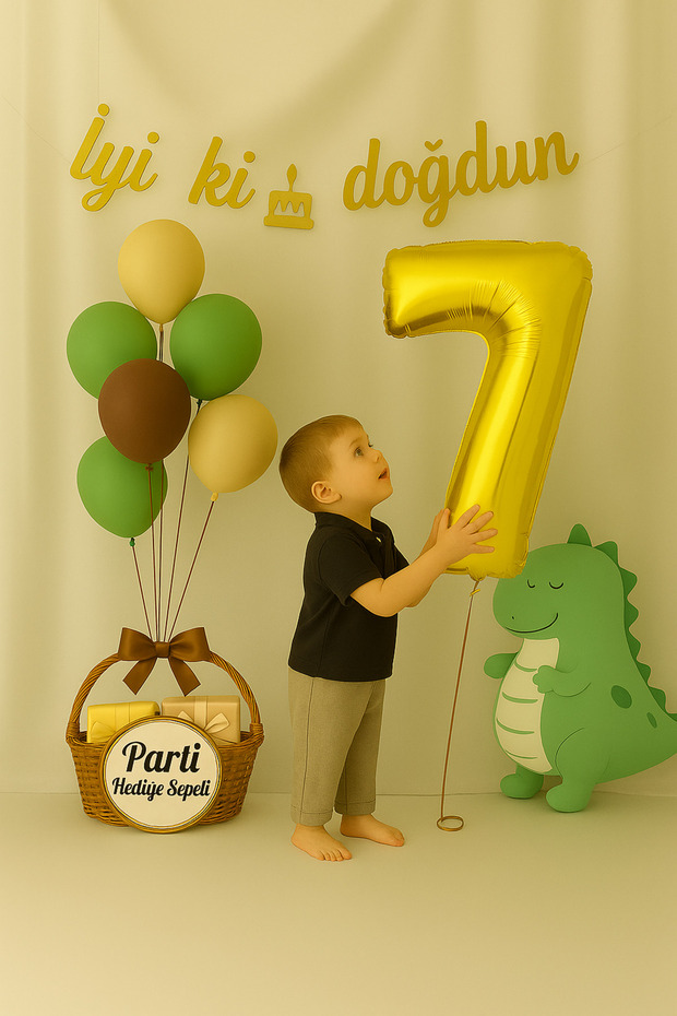 Dinosaur Themed Birthday Balloon Set Water Green Brown White | Number Foil Included