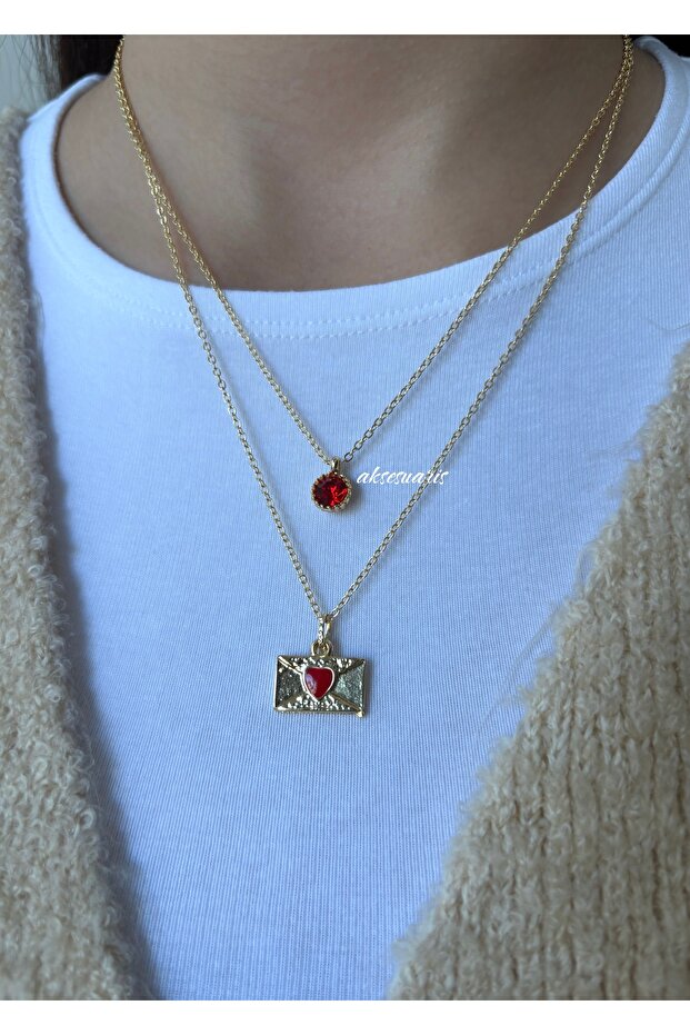 2-Piece Red Zircon Stone Gold Necklace Combination
