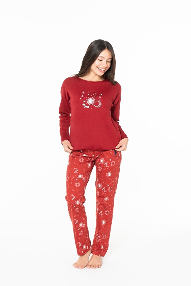 20155 Women's Burgundy Round Neck Long Sleeve Pajama Set