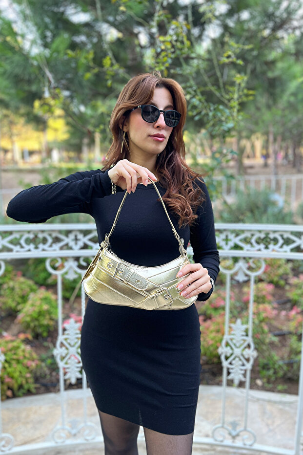 Gold Color Bag Belt Detailed Baguette Women's Zippered Adjustable Shoulder & Arm Bag