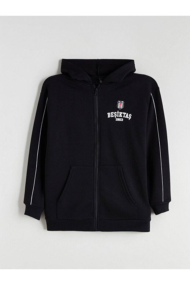 Black Hooded Printed Boy's Zippered Sweatshirt