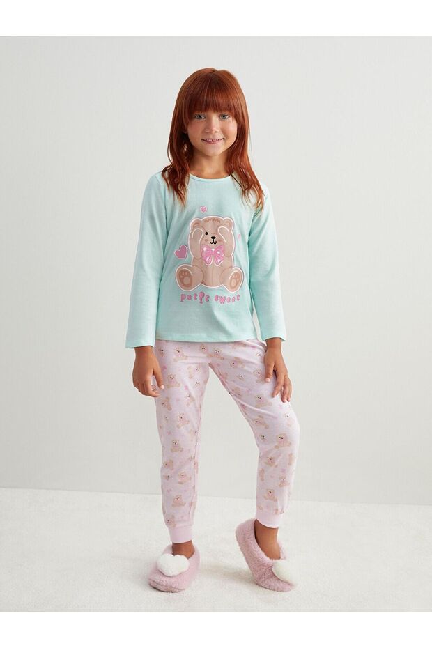 Özmarka New Season Crew Neck Printed Girls' Pajama Set