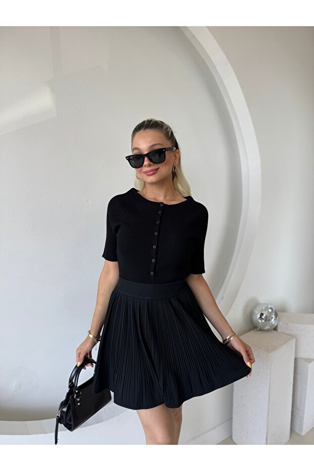 Kadın Siyah Şortlu Piliseli Etek - 3