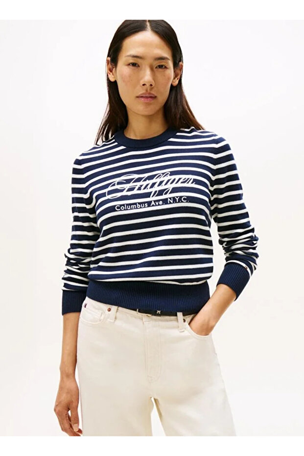 Cotton Combed Graphic Printed Crew Neck Long Sleeve Women's Navy Blue Sweatshirt Ww0Ww47304