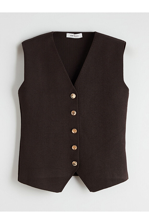 Коричневий жіночий трикотажний жилет з V-подібним вирізом - 5