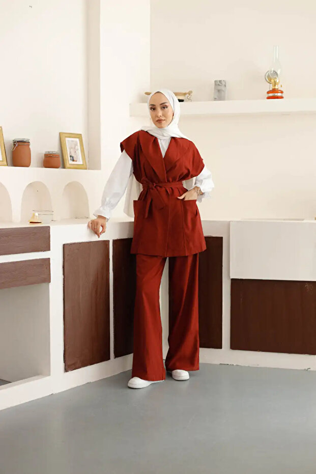 Natural Belted Vest Palazzo Pants Sets-Tile