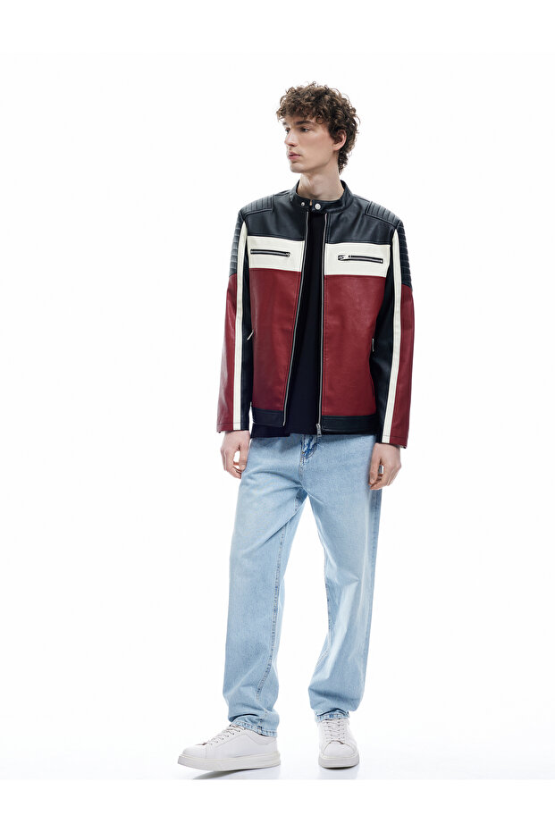 Mandarin Collar Long Sleeve Zippered Leather Jacket