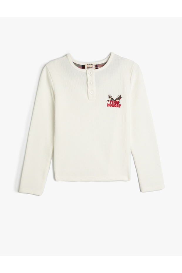 Pajama Top with Embroidered Detail Buttoned Round Neck Long Sleeve