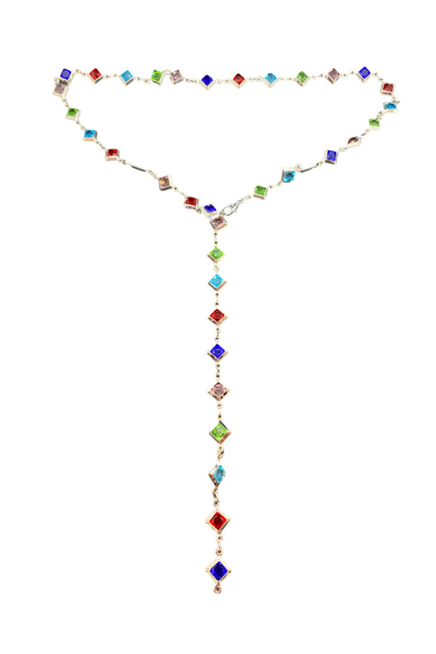 Silver Color Plated Steel Women Y Necklace Colorful Stone Y-Chain - Long Chain Necklace