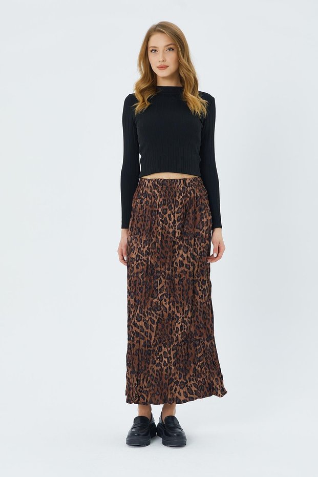 4619 Women's Leopard Patterned Satin Skirt Brown