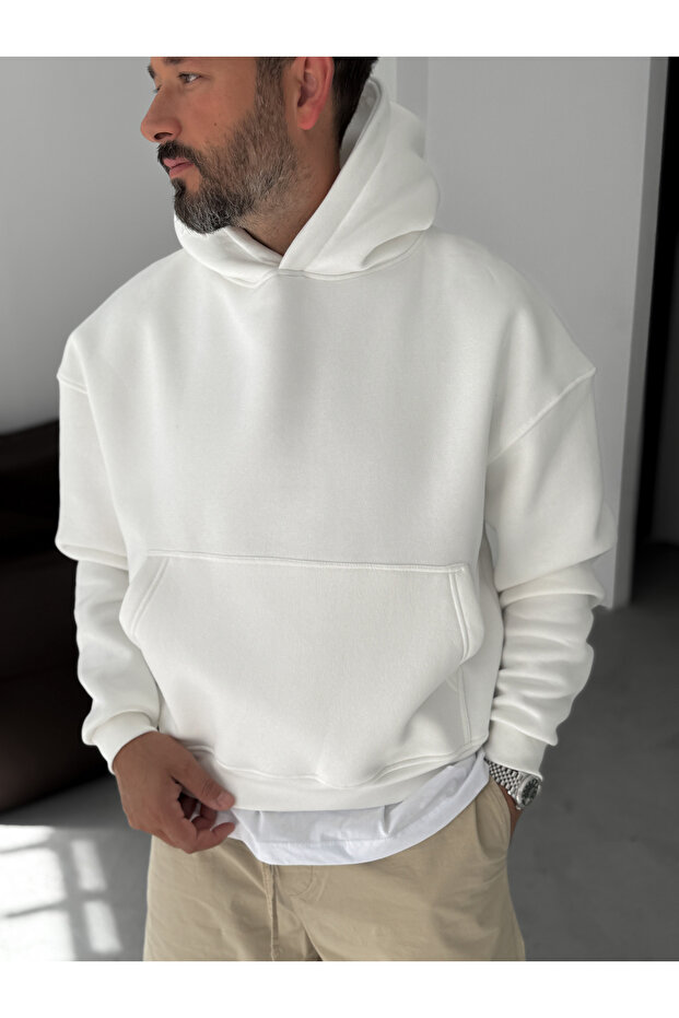 Beyaz Basic Kapüşonlu Sweatshirt JJ-163 - 4