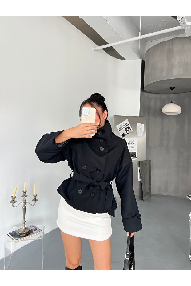 Women's Belted Pocketed Mock Neck Trench Coat