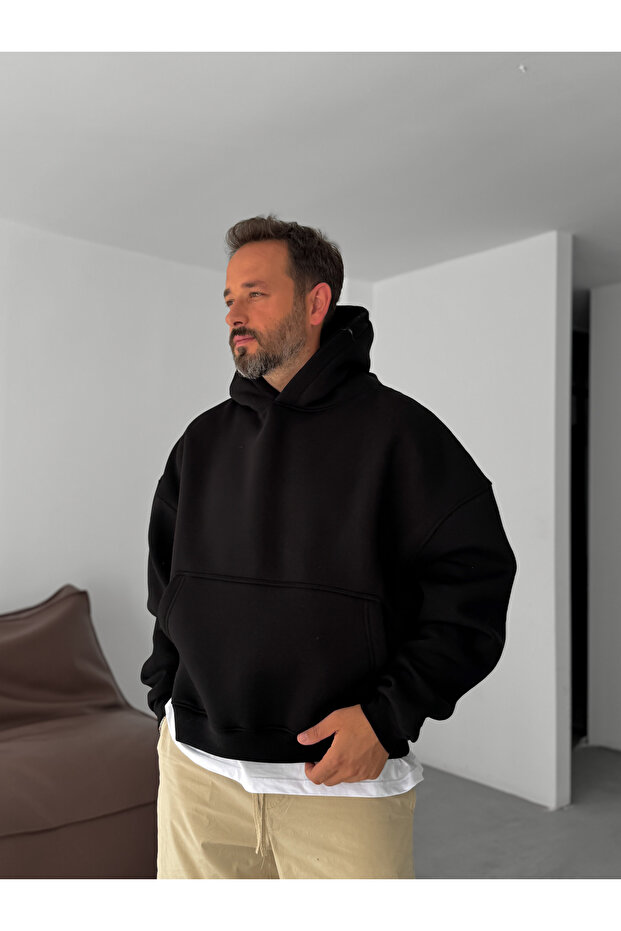 Siyah Basic Kapüşonlu Sweatshirt JJ-163 - 3