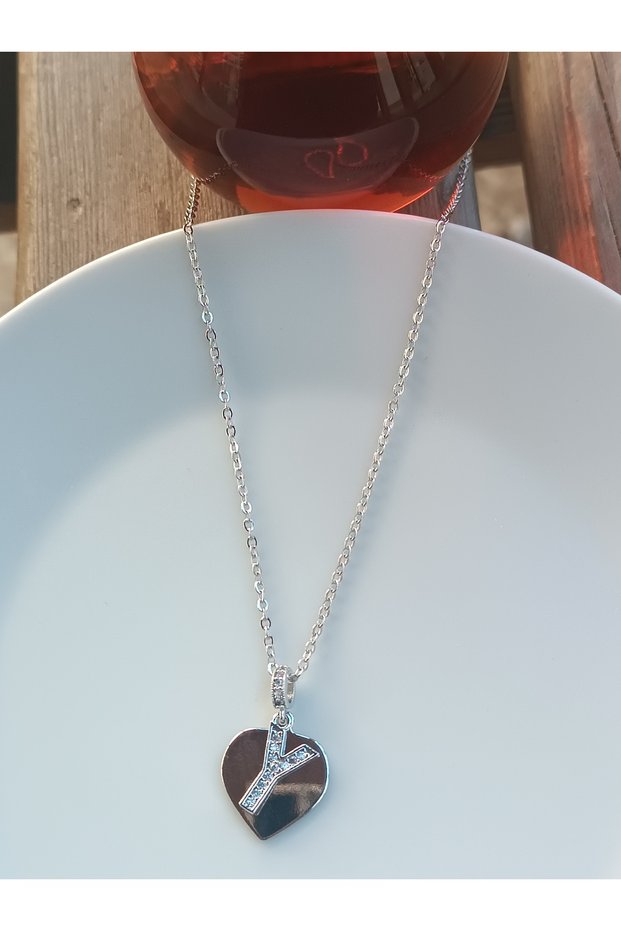 Stainless Steel Stylish and Classy Heart Pendant with Sheet Metal Detailing and Zircon Stone Y Letter Necklace