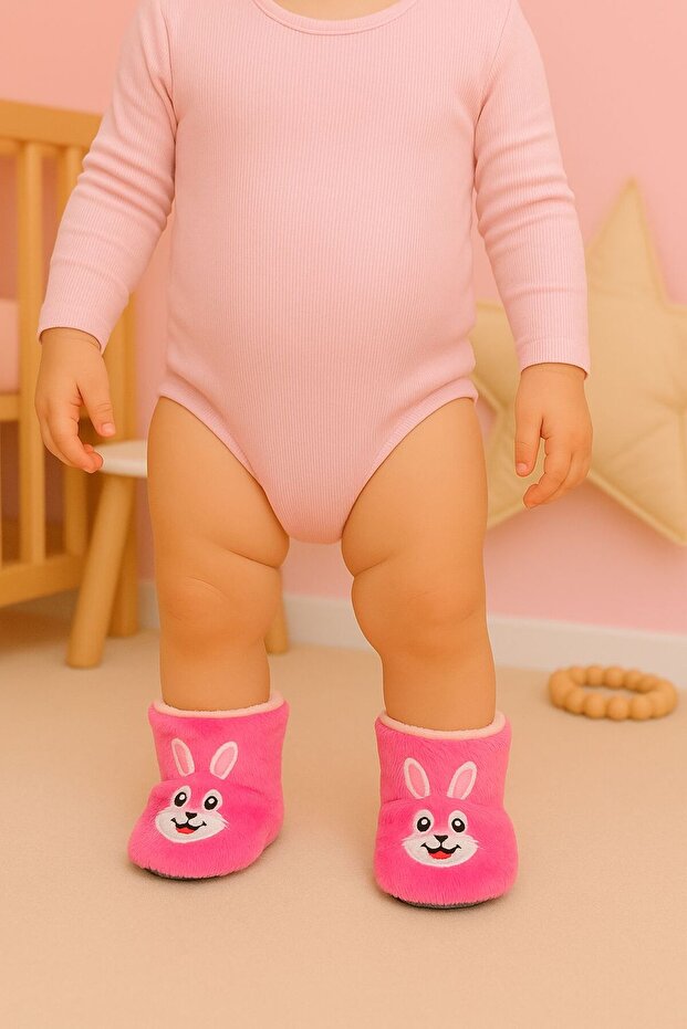 Bebek & Çocuk Kaydırmaz Tabanlı Ev Botu / Panduf / Kışlık Peluş Bot / Tavşan Desenli - 1
