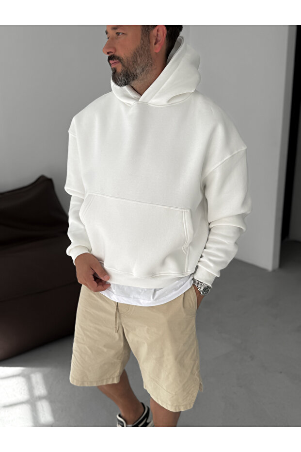 Beyaz Basic Kapüşonlu Sweatshirt JJ-163 - 1
