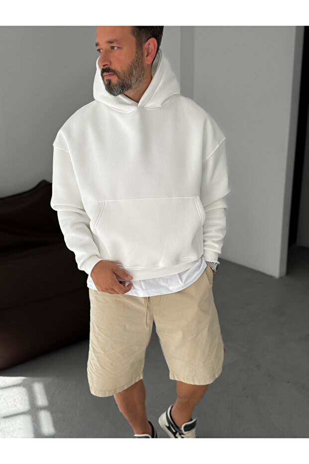 Beyaz Basic Kapüşonlu Sweatshirt JJ-163 - 2