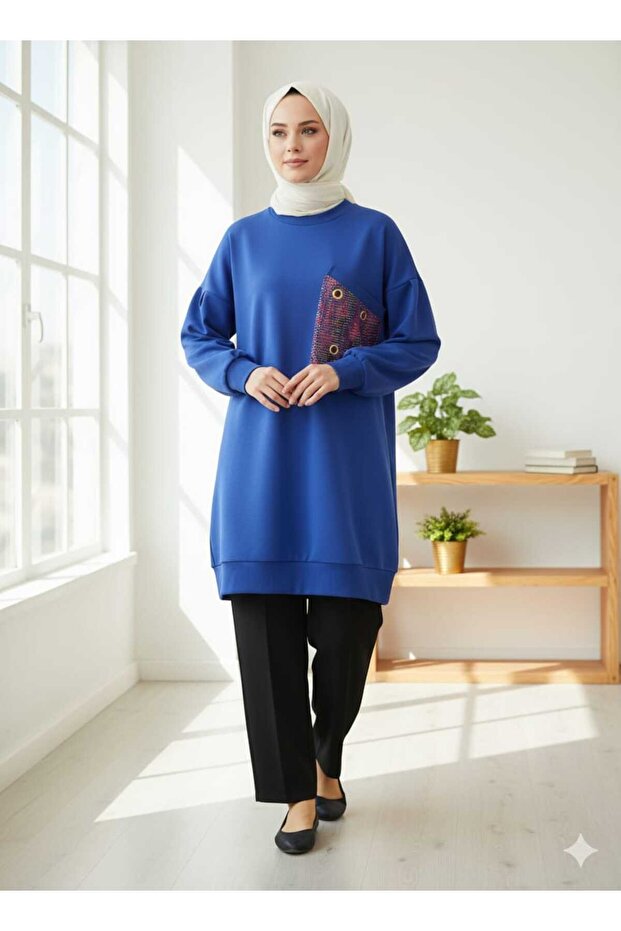 Women's Sax Blue Scuba Fabric Pocket Detailed Hijab Tunic