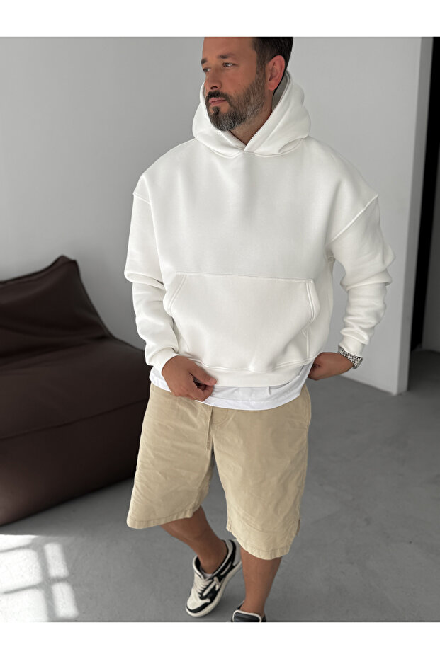 Beyaz Basic Kapüşonlu Sweatshirt JJ-163 - 3
