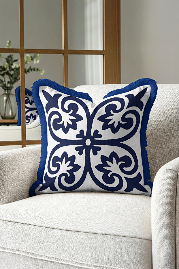 Elegant Palace-Inspired Fringed Pillowcase-Blue White Mediterranean Modern Tassel Throw Pillow Cover