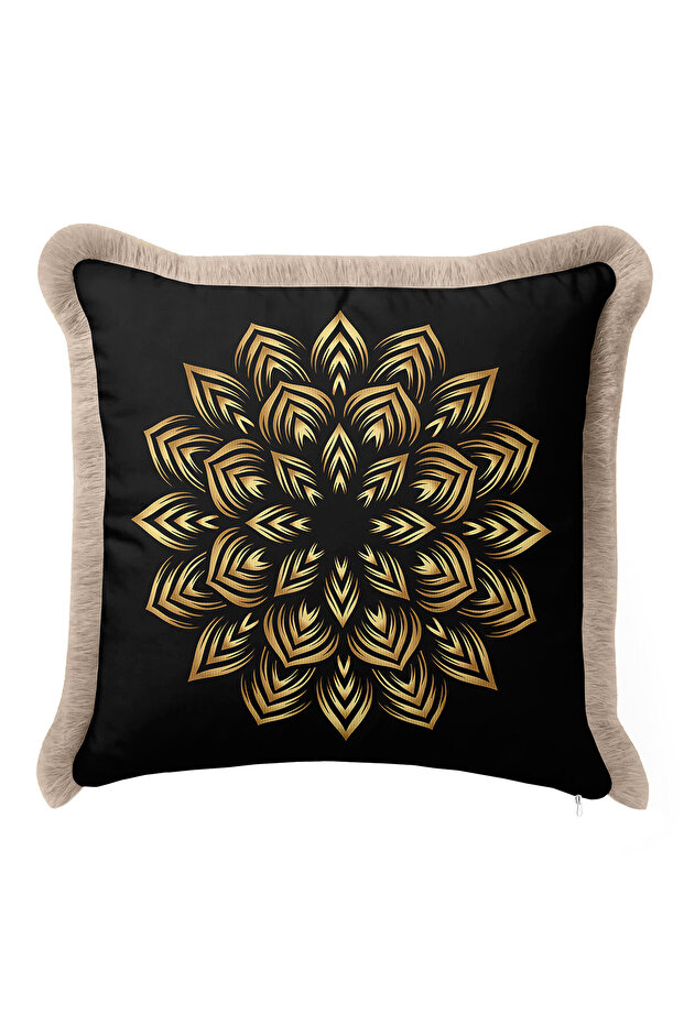 Luxury Mandala Fringed Pillowcase - Geometric Bohemian Black Gold Color Tassel Throw Pillow Cover
