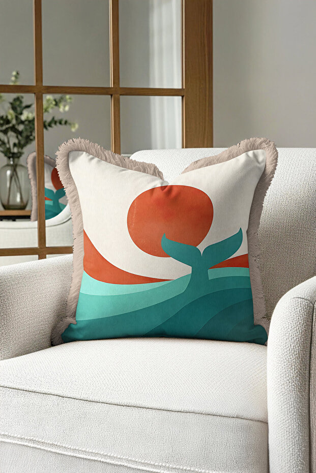 غطاء وسادة مزين بشراشيب من Abstract Wave Art - غطاء وسادة مزين بشراشيب باللون البيج الفيروزي المتوسطي الحديث