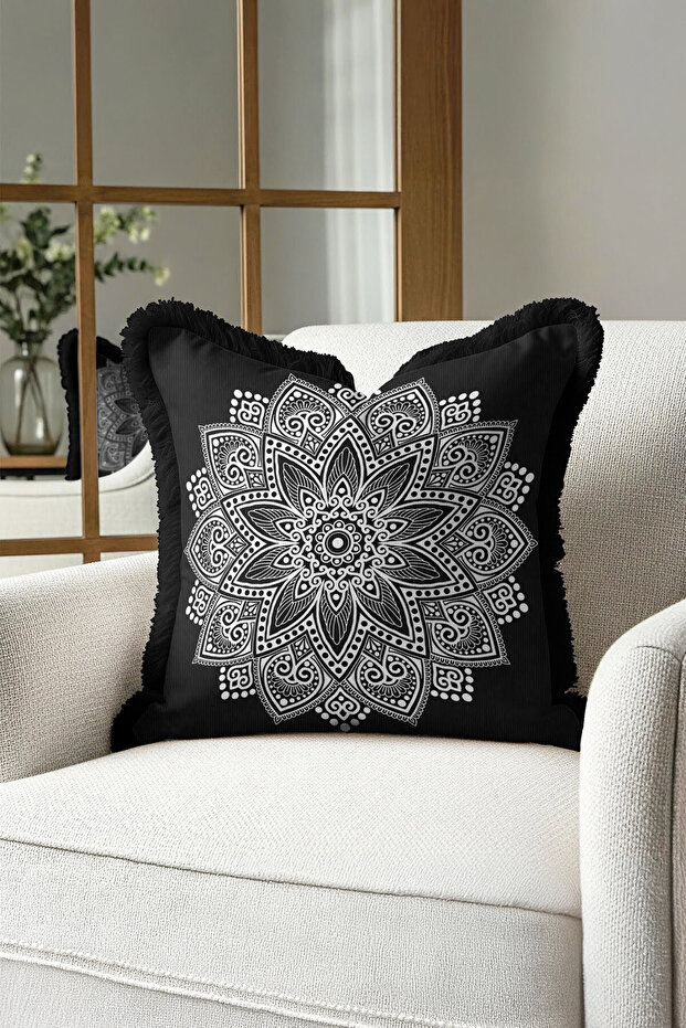 Mandala Motif Fringed Pillowcase - Ethnic Black and White Bohemian Tassel Throw Pillow Cover