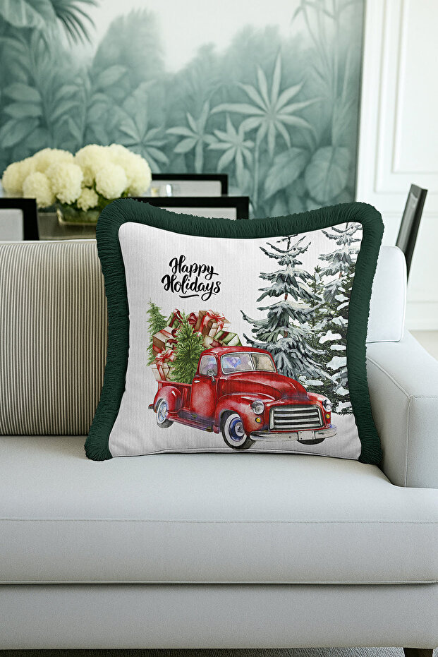 Xmas Christmas Carriage Fringed Pillowcase-New Year Pine Tree Themed Dark Green Tassels Throw Pillow Cover