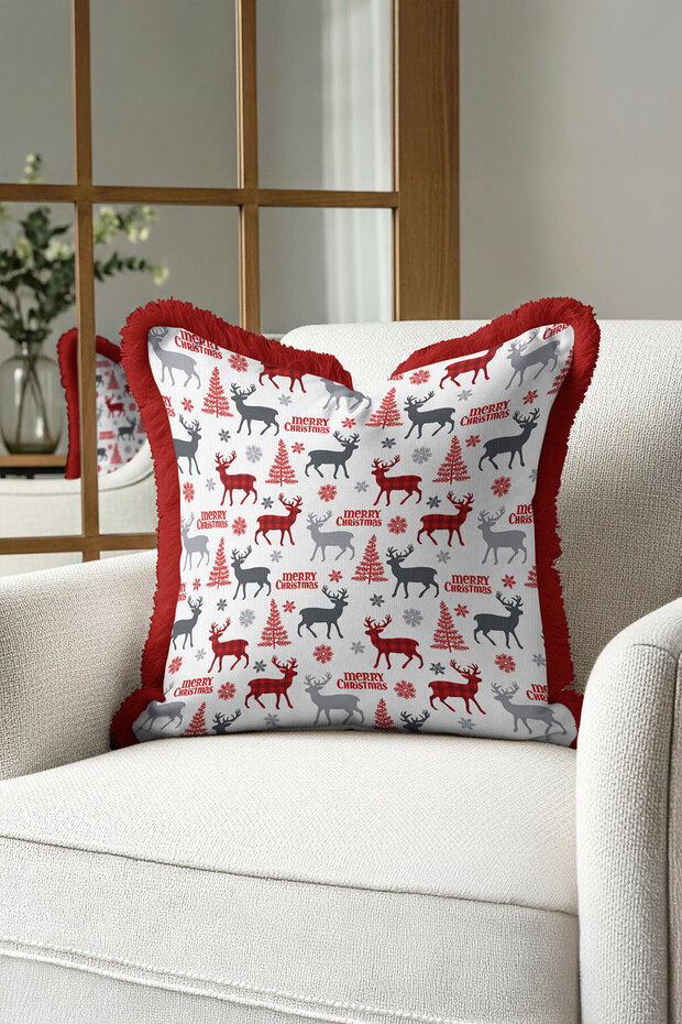 Winter Themed Deer Fringed Pillowcase - Christmas Celebration Modern Red Gray Tassel Throw Pillow Cover