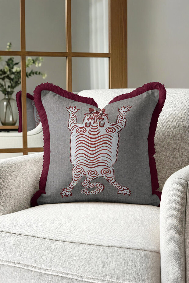 Ethnic Tiger Motif Fringed Pillowcase - Bohemian Burgundy Accent Gray Tassel Throw Pillow Cover