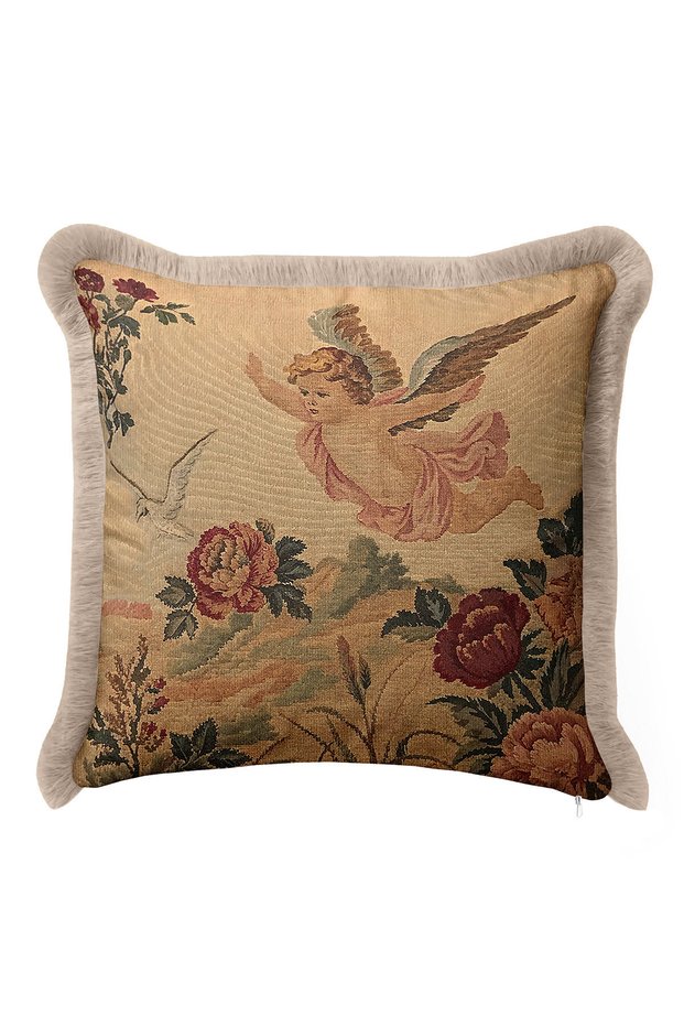 Vintage Angel Figured Fringed Pillowcase - Classic Bohemian Gold Color Tassel Throw Pillow Cover