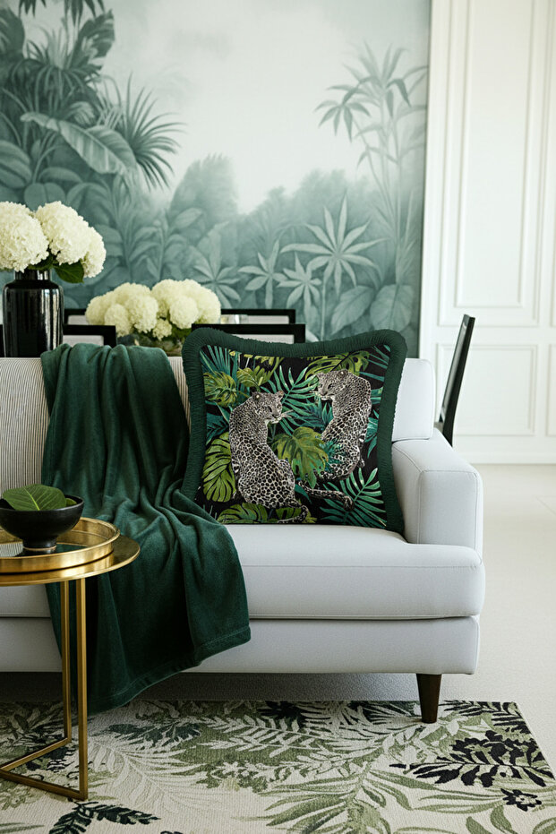 Wild Nature Luxury Fringed Pillowcase-Tropical Green Black Bohemian Tassel Throw Pillow Cover