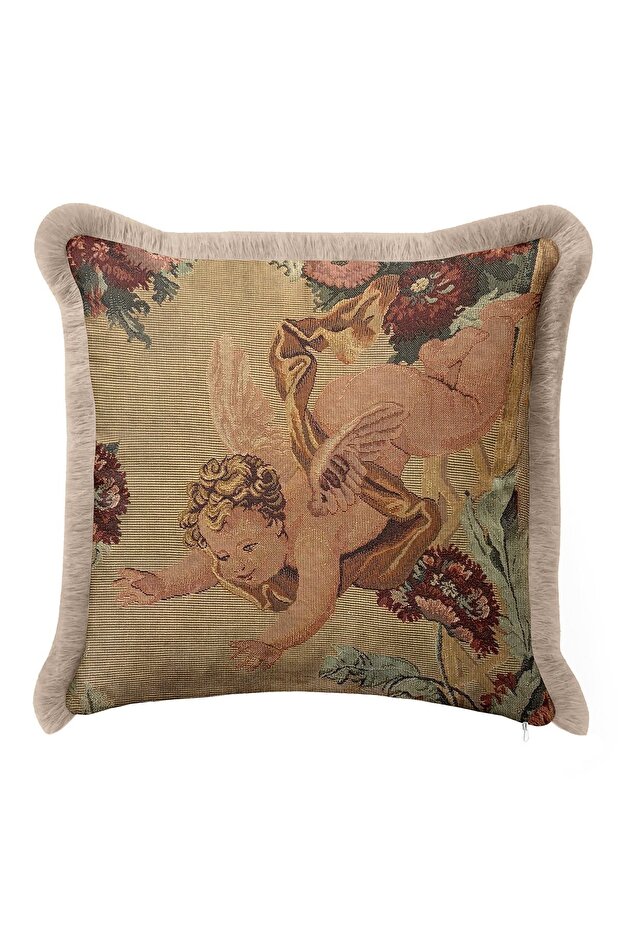 Baroque Angel Motif Fringed Pillowcase - Classic Vintage Rustic Cream Tufted Throw Pillow Cover