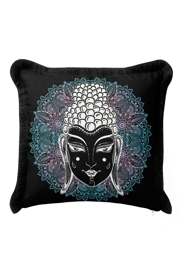 Mandala Figure Fringed Pillowcase - Spiritual Bohemian Black Tassel Throw Pillow Cover