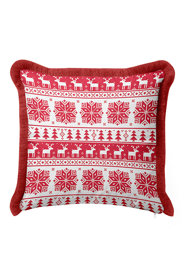 New Year Deer Snowflake Fringed Pillowcase - Xmas Themed Red White Tassel Throw Pillow Cover