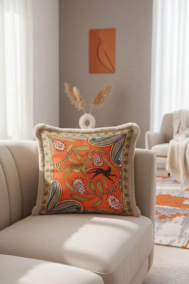 Luxury Safari Motif Fringed Pillowcase - Exotic Bohemian Orange Beige Tassel Throw Pillow Cover