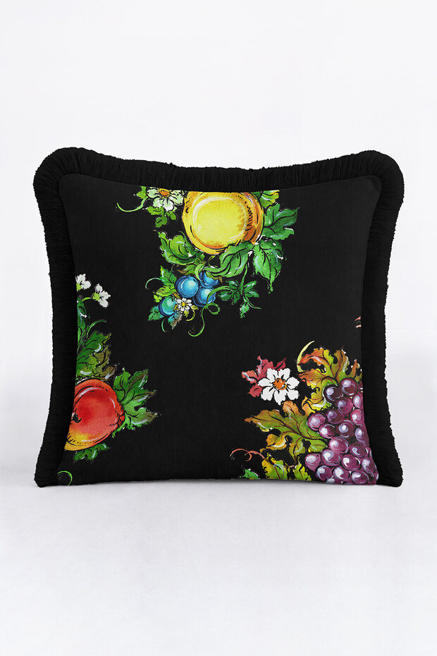 Luxury Orchard Fringed Pillowcase - Elegant Nostalgic Black Purple Yellow Tassel Throw Pillow Cover
