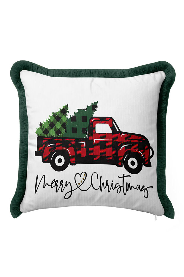 Buffalo Plaid Fringe Pillowcase - Red Truck Christmas Rustic Green Tassel Throw Pillow Cover
