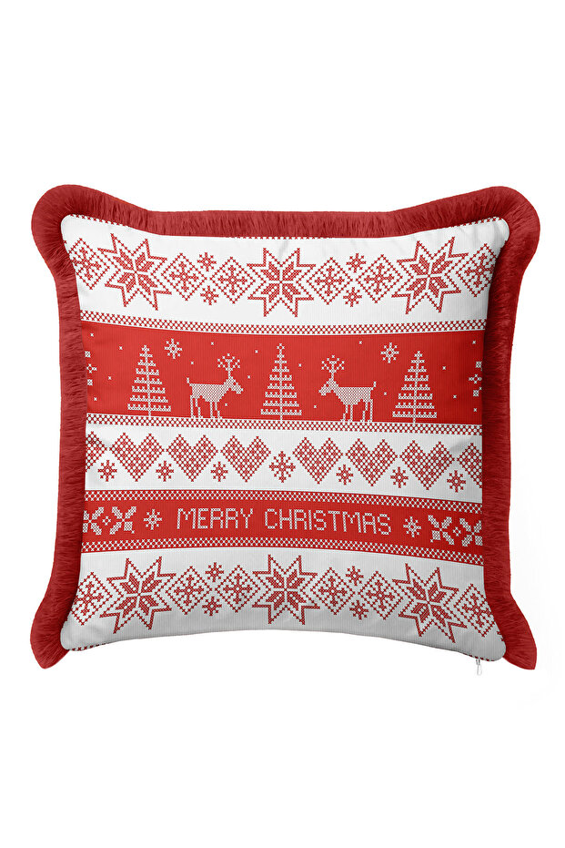 Merry Christmas Motif Fringed Pillowcase - Xmas Red White Tassel Throw Pillow Cover