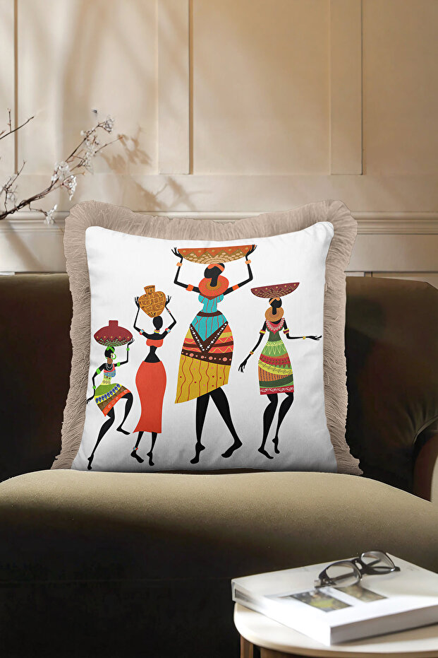 African-Inspired Fringed Pillowcase - Tribal Energetic Bohemian Orange Tassel Throw Pillow Cover