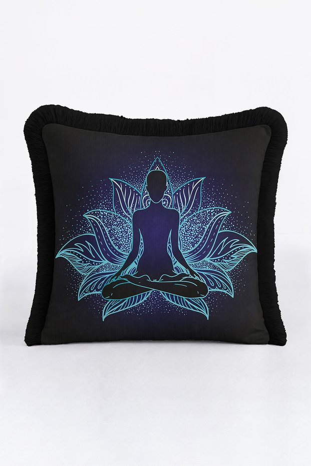 Mystic Lotus Aura Fringed Pillowcase - Meditation Bohemian Black Blue Tassel Throw Pillow Cover