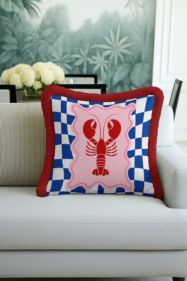 Italian Crab Motif Luxury Fringed Pillowcase-Blue Pink Red Retro Tassels Throw Pillow Cover