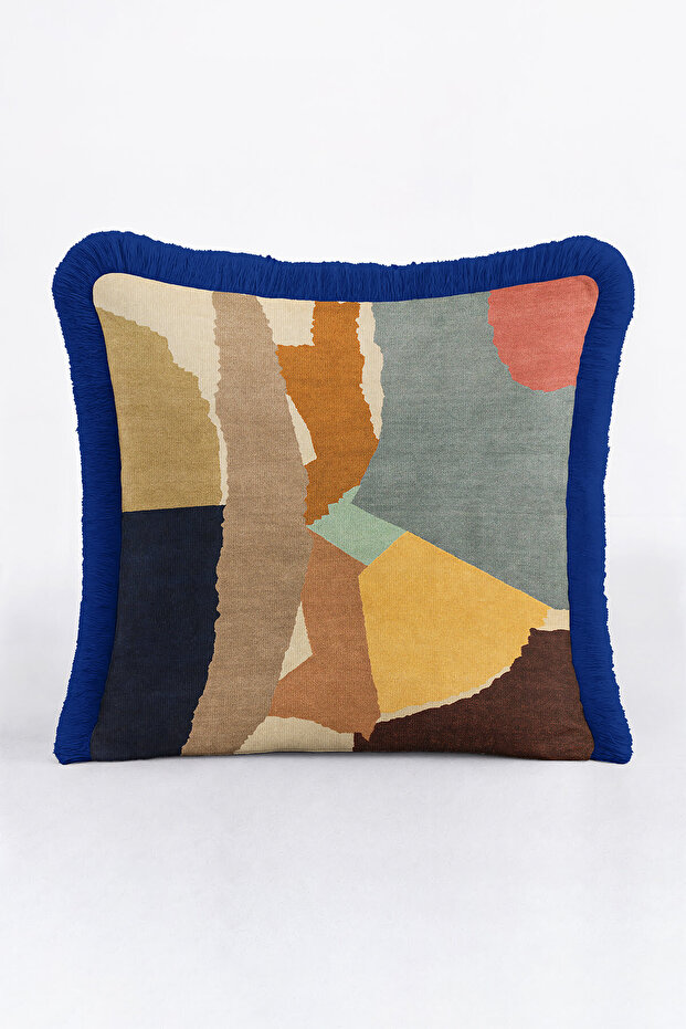 Modern Art Style Fringed Pillowcase-Dark Blue Yellow Beige Color Artistic Tassels Throw Pillow Cover