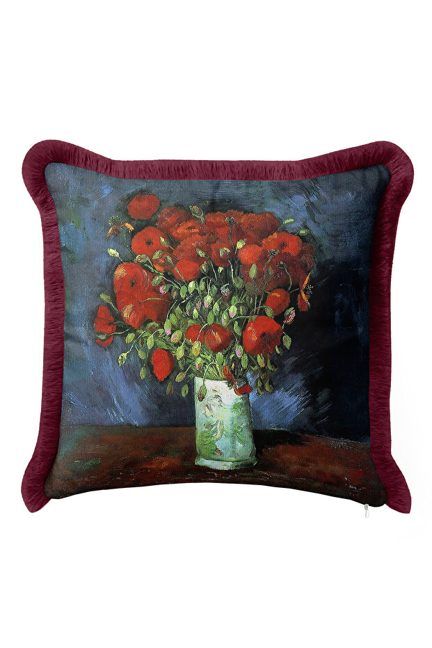 Red Flower Vase Luxury Fringed Pillowcase-Artistic Breeze Dark Blue Bohemian Tassels Throw Pillow Case