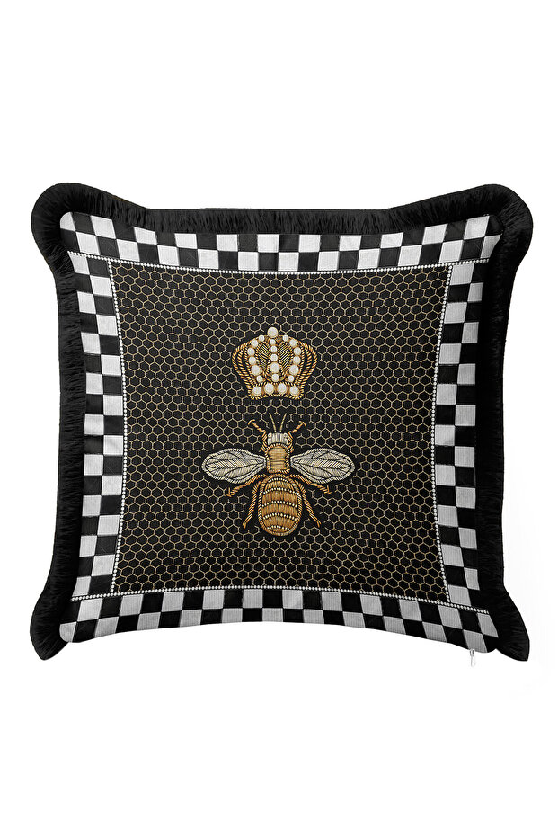 Royal Bee Motif Fringed Pillowcase - Bohemian Black Tassel Throw Pillow Cover with Gold Crown