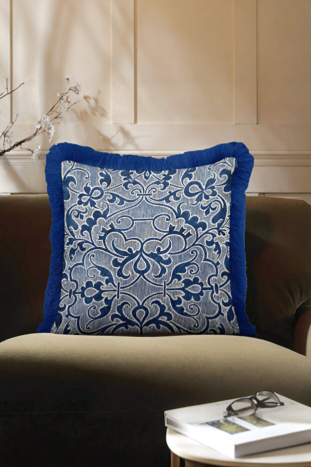 Baroque Chic Classic Luxury Fringed Pillowcase-Blue Elegant Modern Navy Tassel Throw Pillow Cover