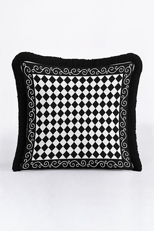 Luxury Harlequin Fringed Pillowcase - Elegant Monochrome Modern Black Tassel Throw Pillow Cover