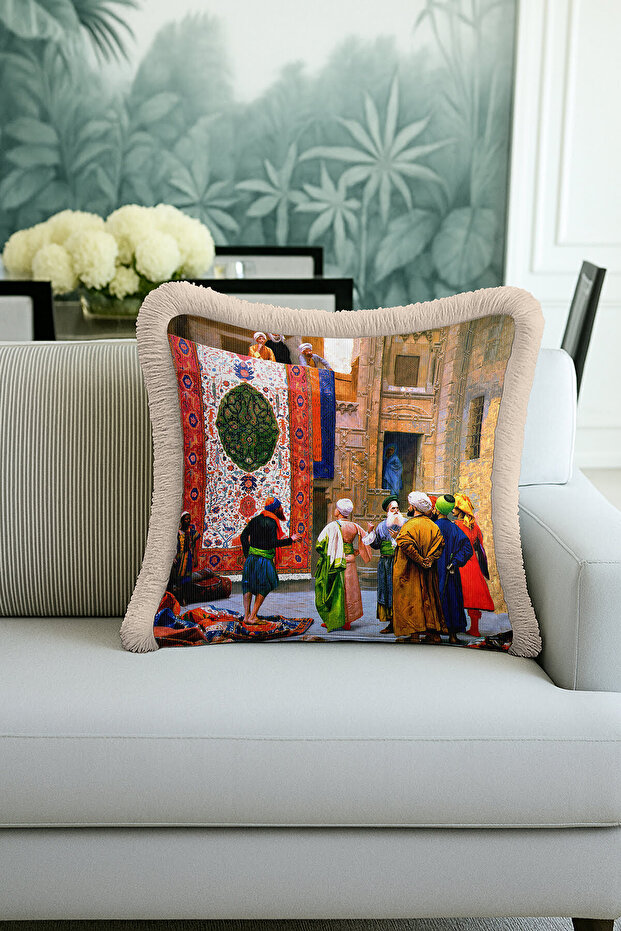 Ottoman Carpet Traders Fringed Pillowcase - Oriental Themed Ethnic Cream Tassel Throw Pillow Cover