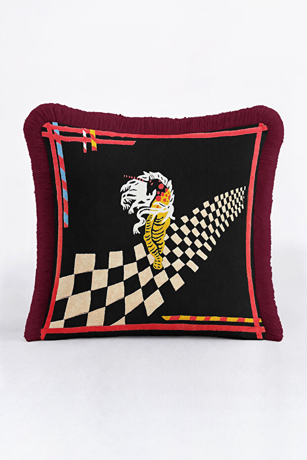 Modern Art Fringed Pillowcase-Black Gold Color Retro Tassel Throw Pillow Cover with Chess Figures