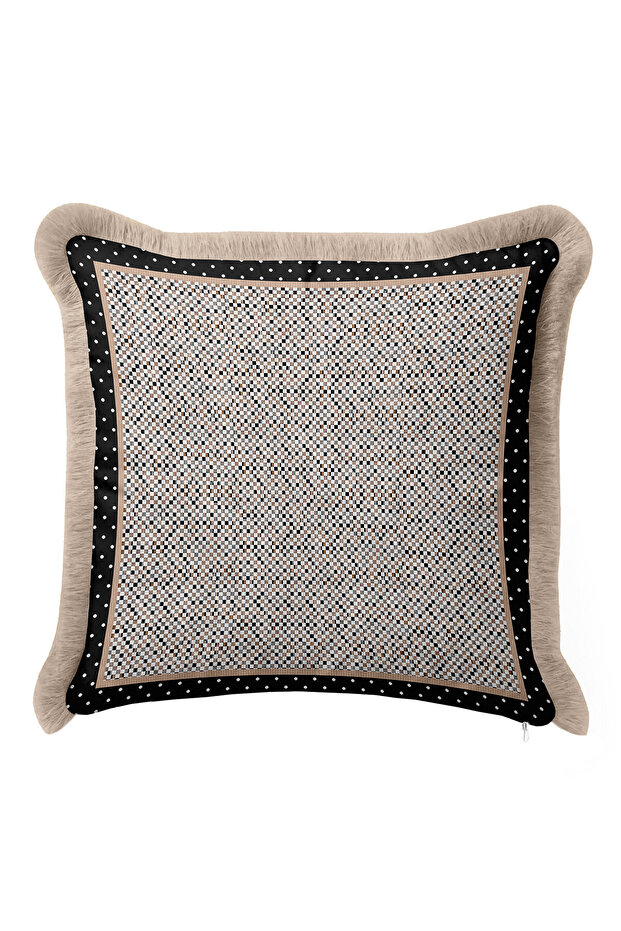 Luxury Vintage Mosaic Fringed Pillowcase - Elegant Modern Black Beige Tasseled Cushion Cover